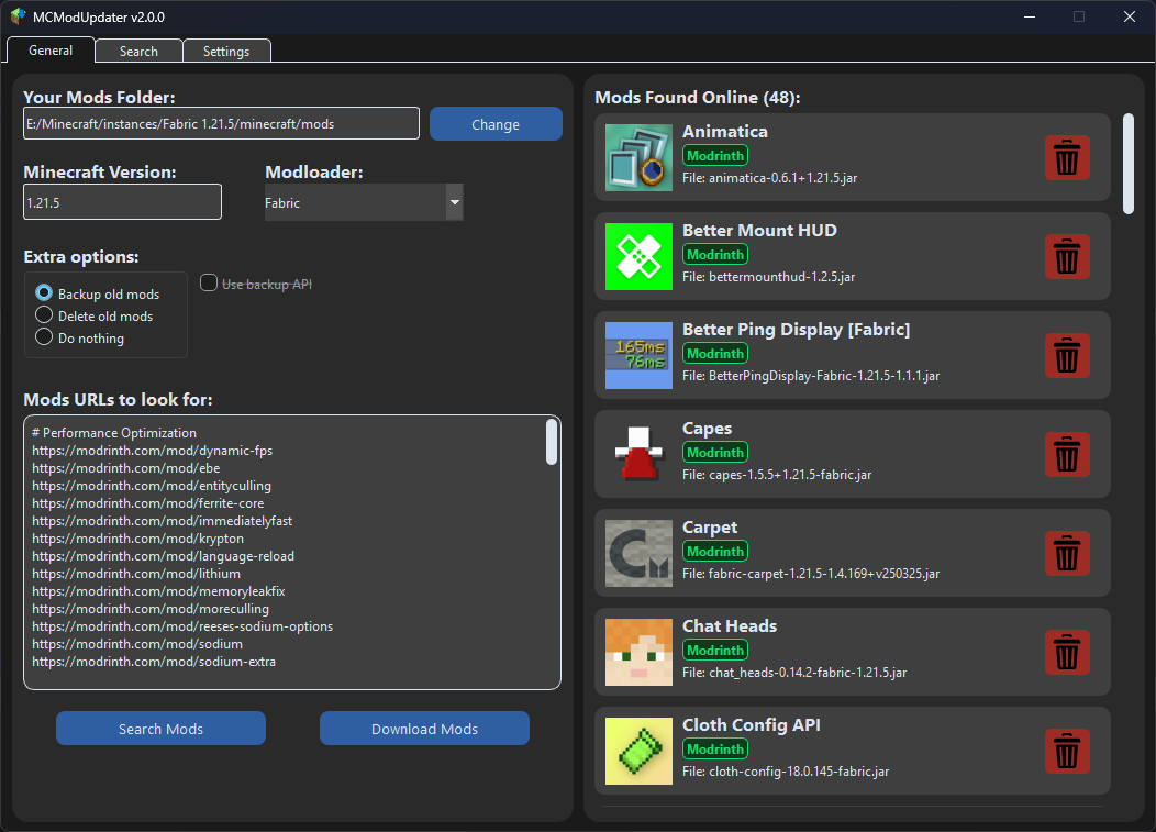 General tab of MC Mod Updater