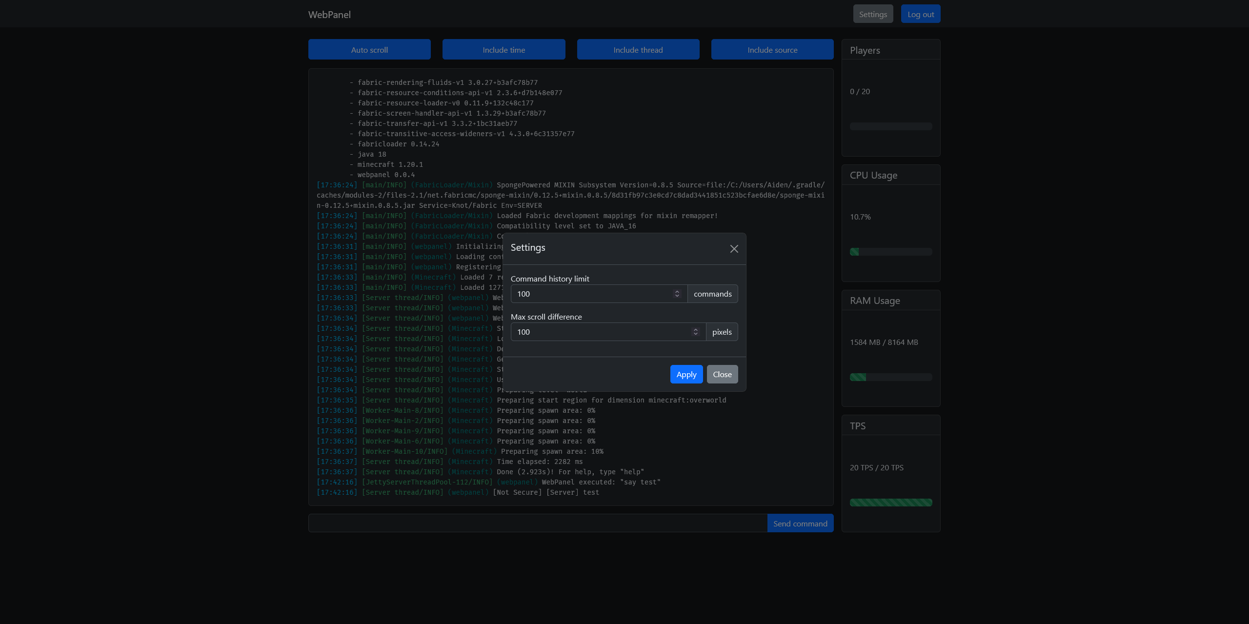 MC WebPanel settings